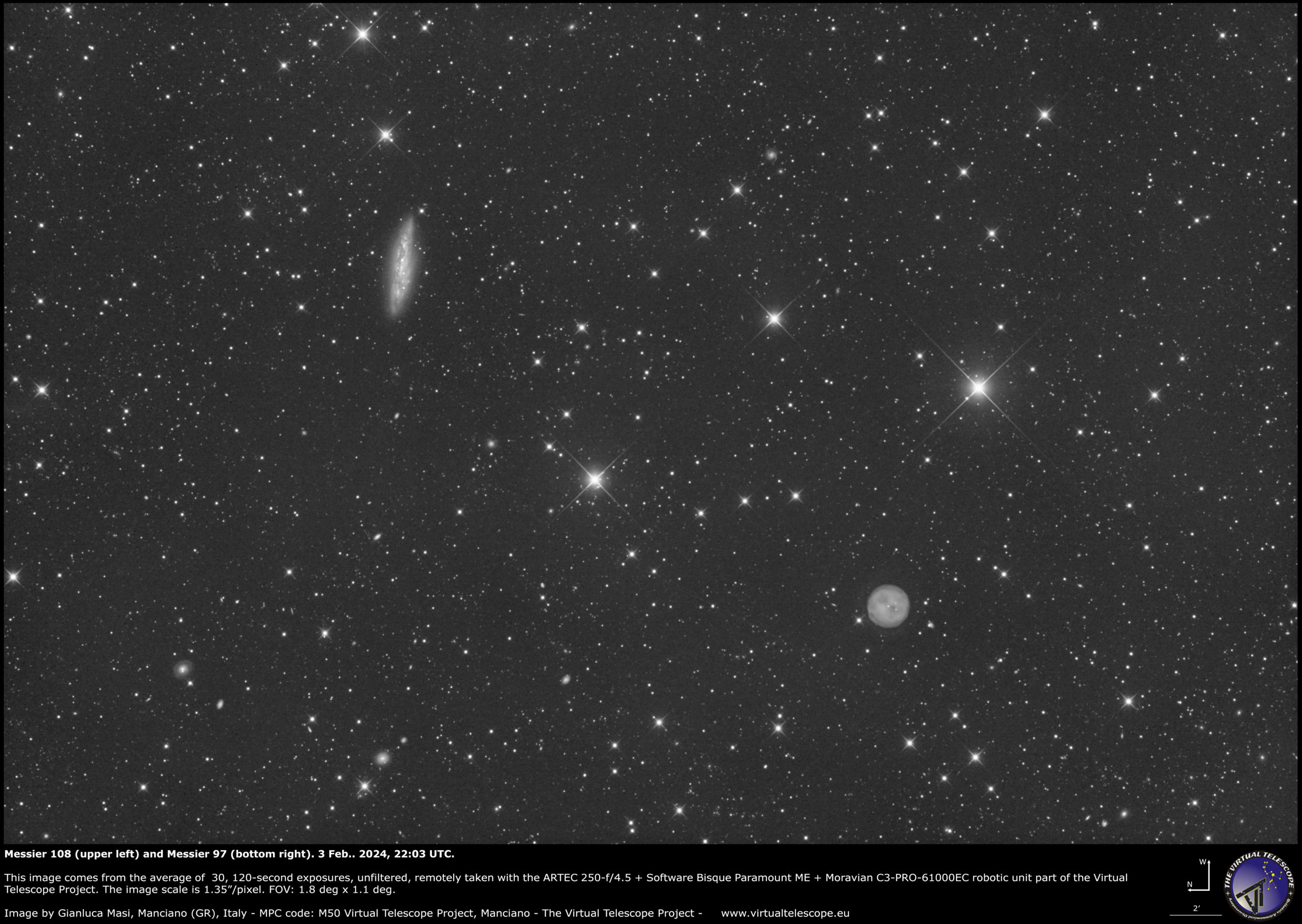 Messier 108 and Messier 97. 3 Feb. 2024.