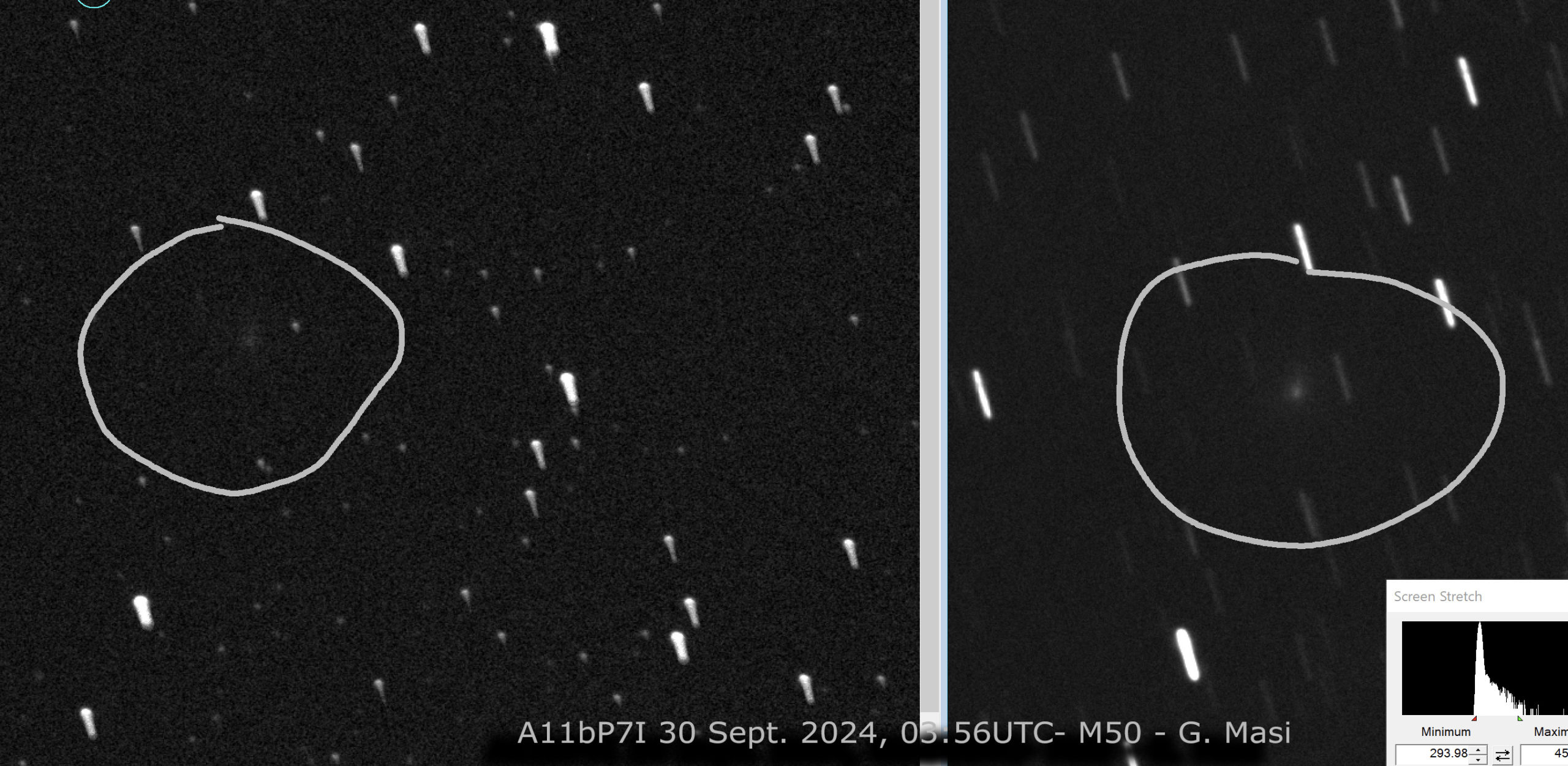 Median combination (left) vs average (right) of the 30 Sept. frames.