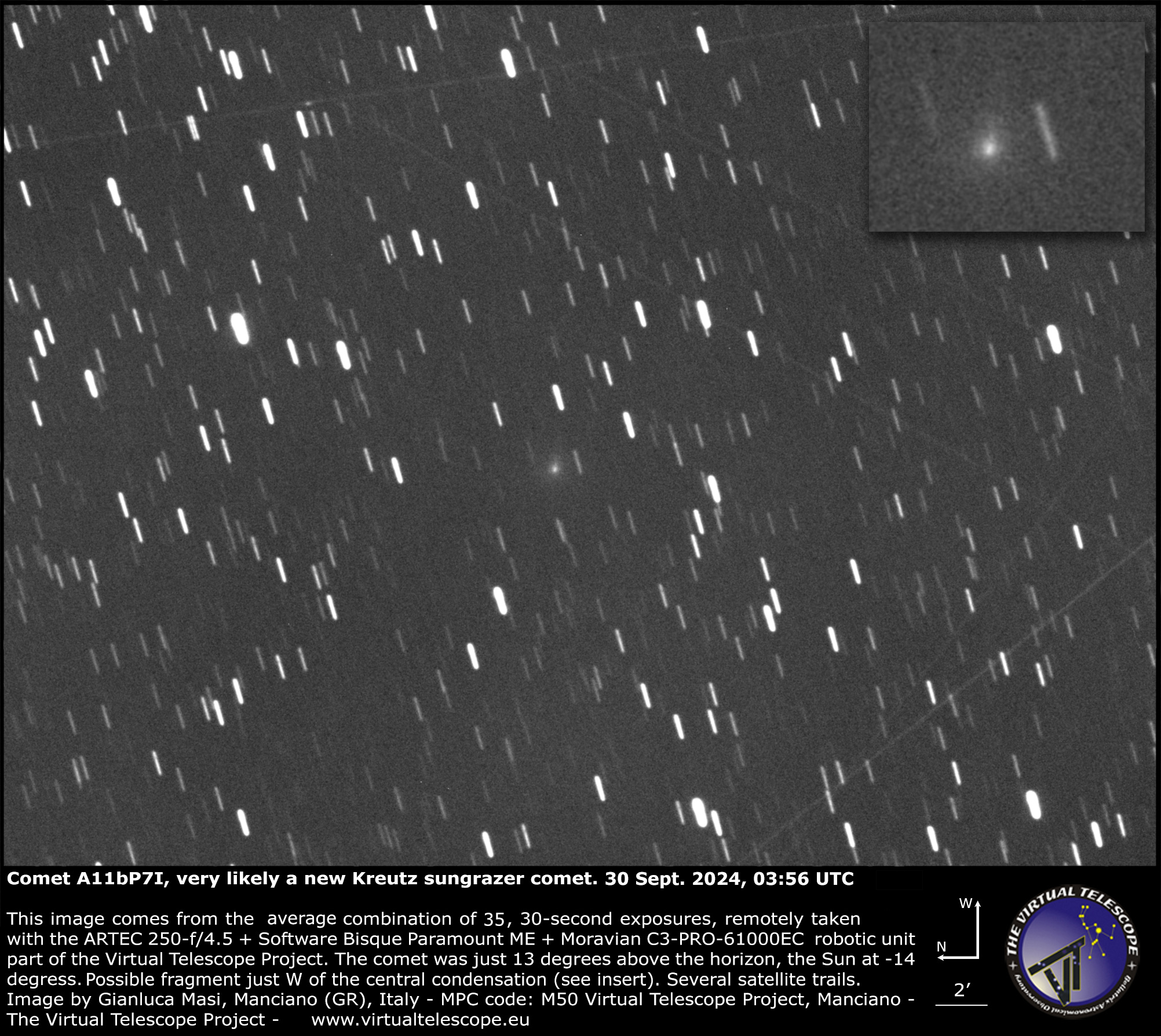 Comet A11bP7I, imaged on 30 Sept. 2024 at dawn, with a possible second fragment visible.