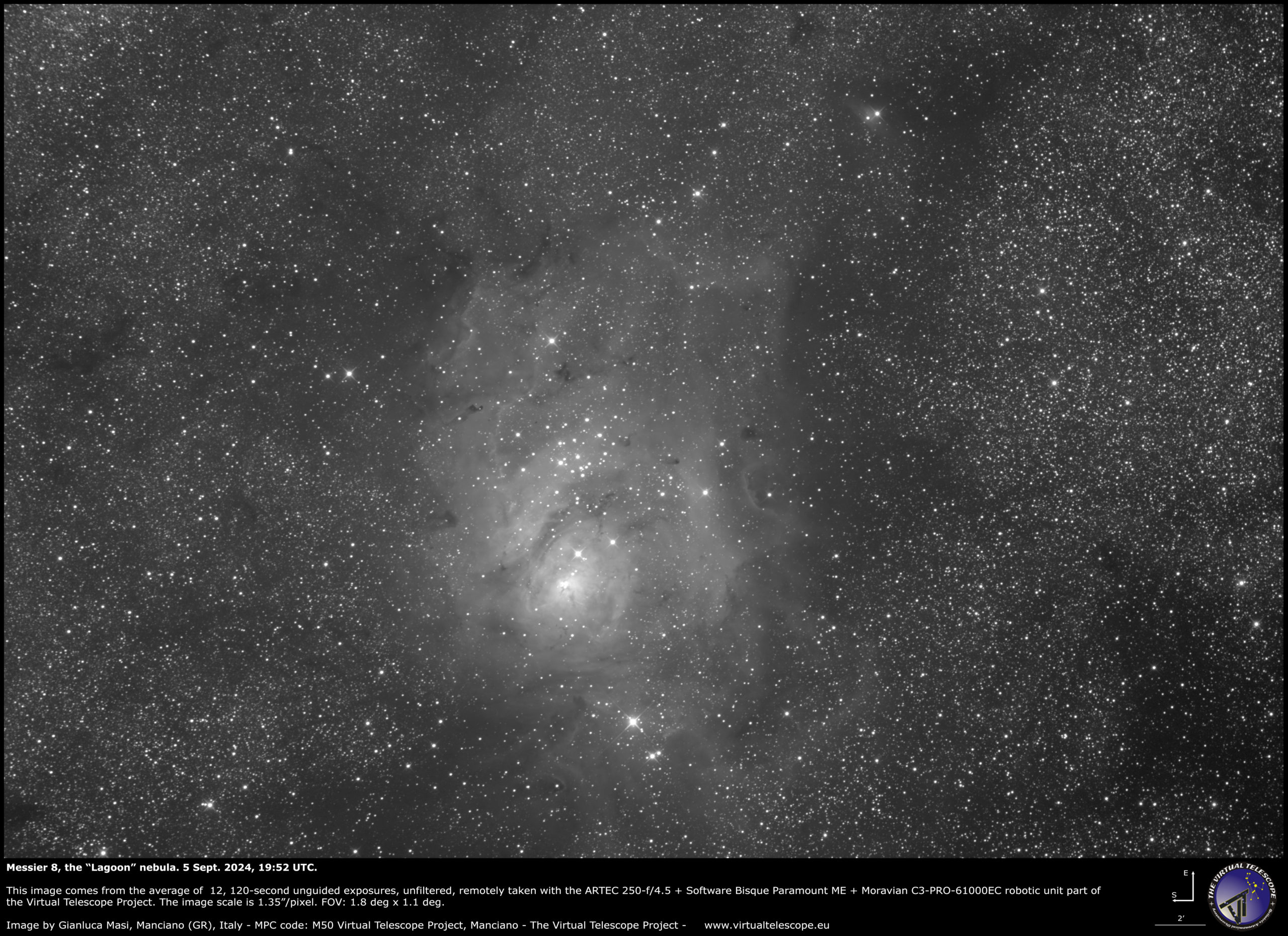 Messier 8, the “Lagoon” emission nebula. 5 Sept. 2024.