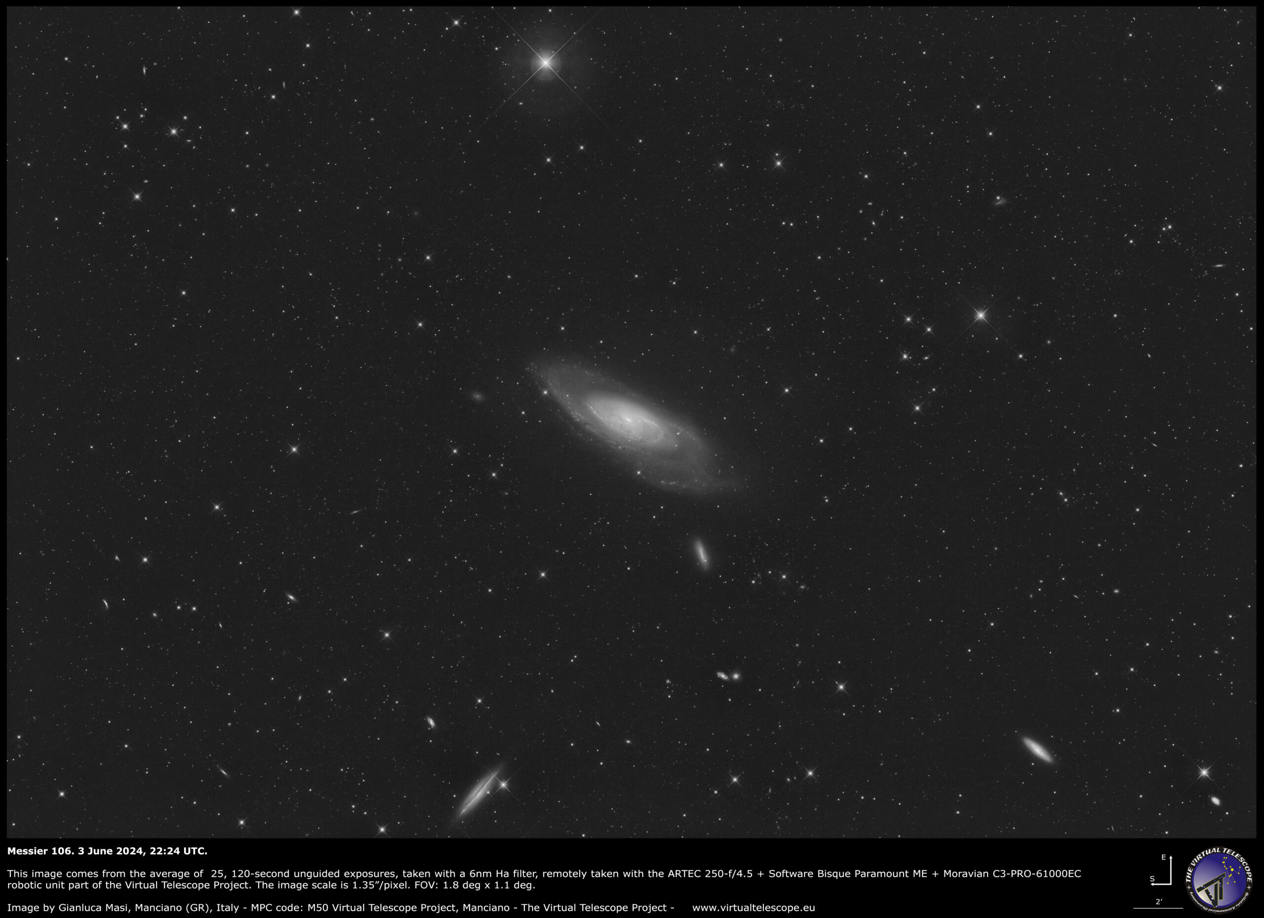 Messier 106 and several smaller galaxies: 3 June 2024.