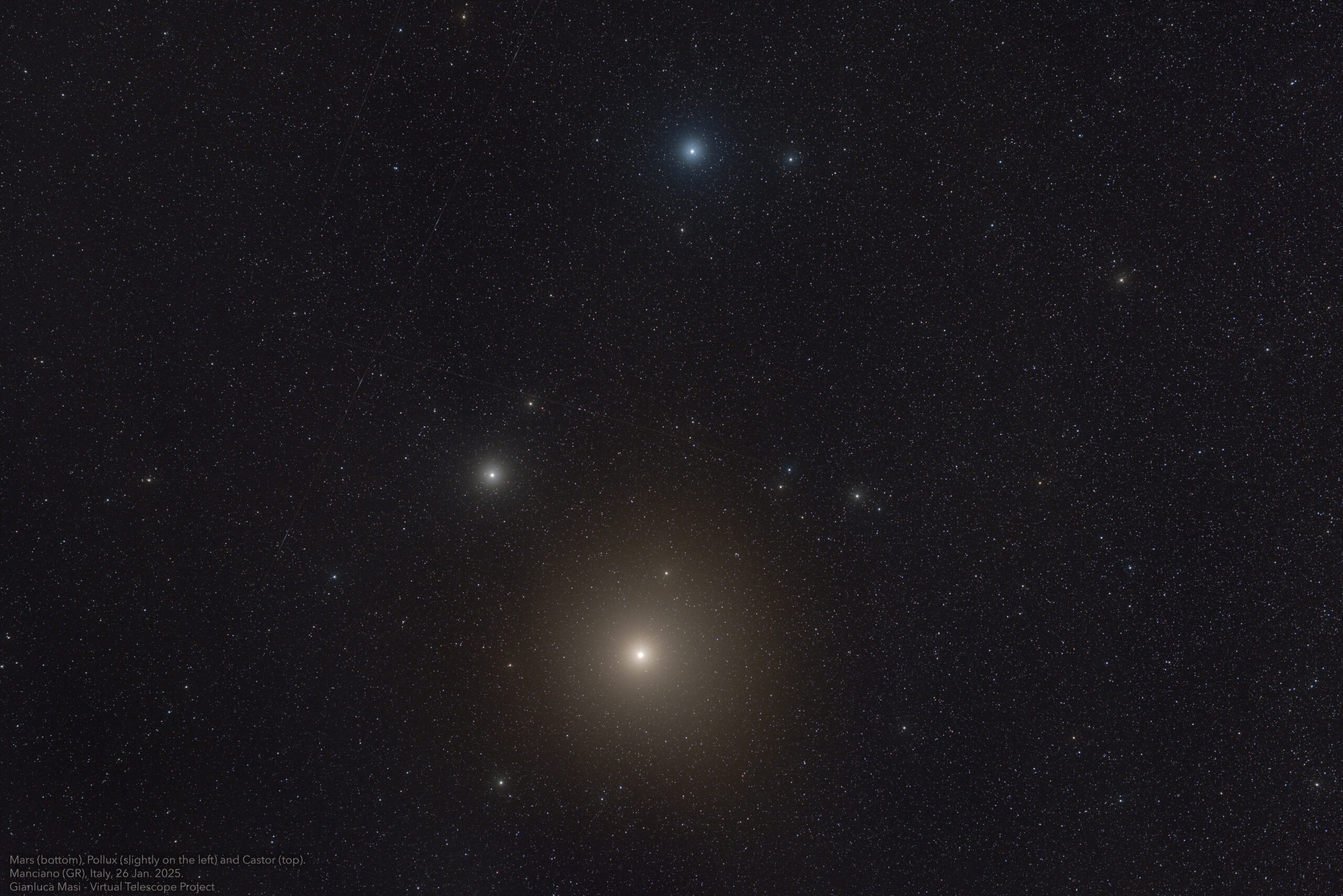 Mars, Pollux and Castor, imaged on 26 Jan. 2025 planetary parade.